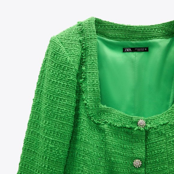 ZARA  Small Kelly Green Tweed Dress with Crystal Buttons - Picture 9 of 9